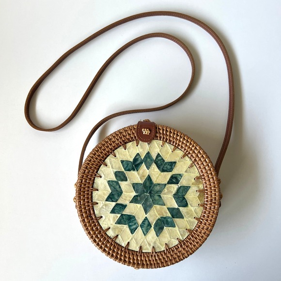 Handbags - Round Rattan Crossbody Bag Capiz Shell Mosaic Boho Coastal Woven Purse